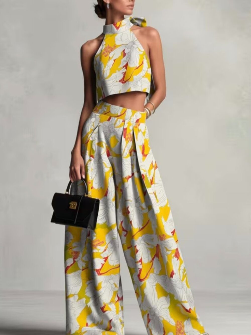 Floral Print Halter Neck Crop Top + High-Waisted Wide-Leg Balloon Pants Women's